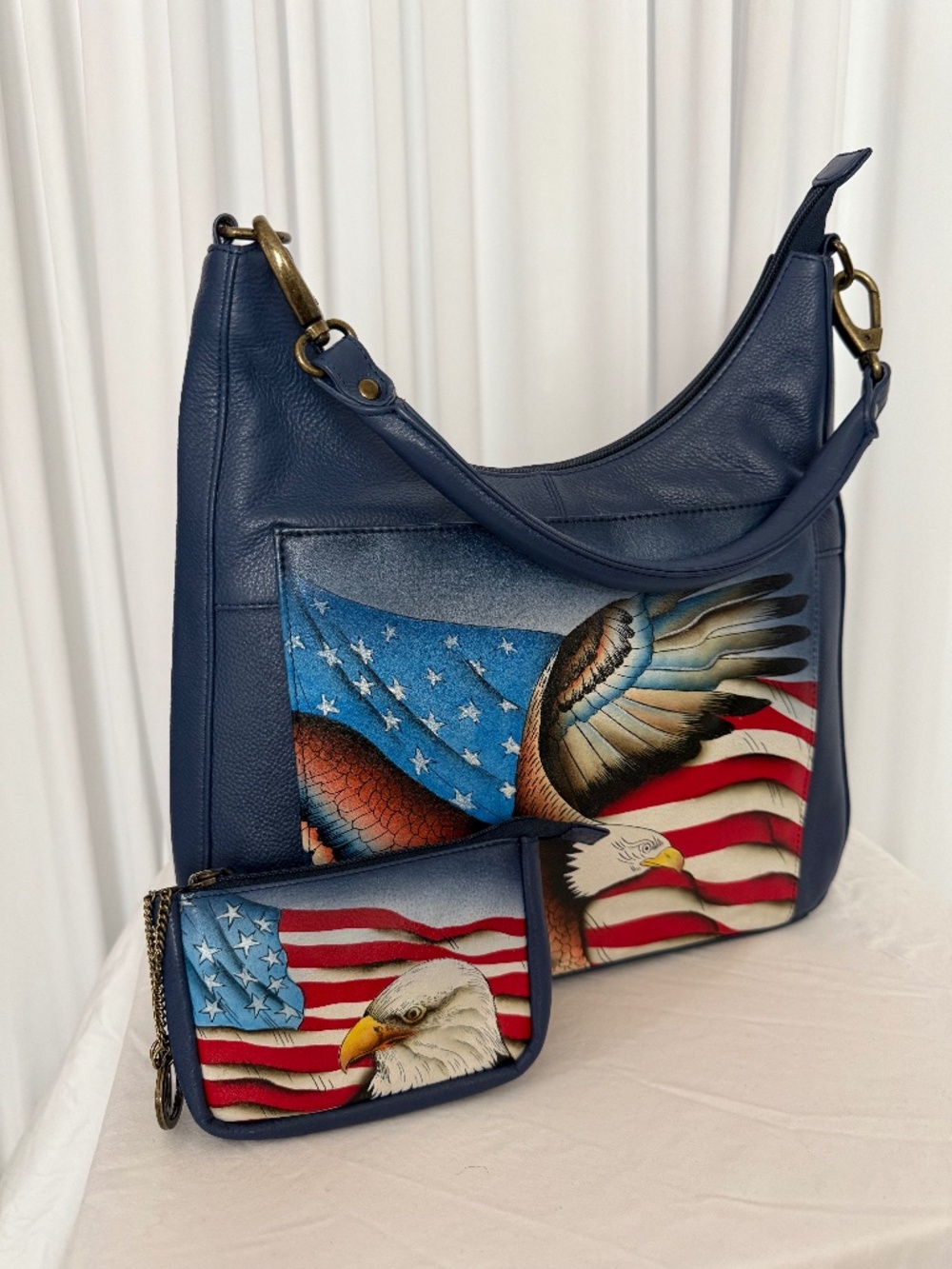 Anuschka American Eagle Flag Leather Hobo Shoulder Bag NWOT Coin Purse & Dust Ba